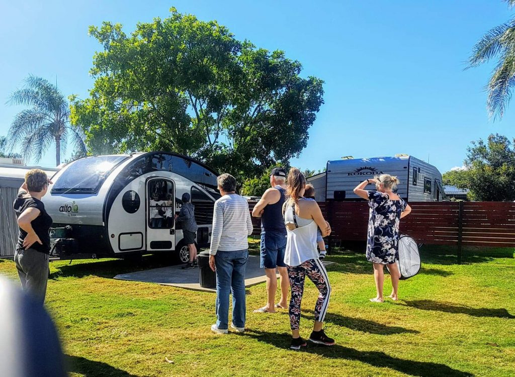 Crowds flock to admire Lynne and Paul's Alto caravan, while setting up at Toowoomba Motor Village