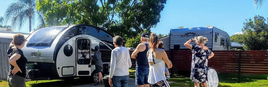 Crowds flock to admire Lynne and Paul's Alto caravan, while setting up at Toowoomba Motor Village