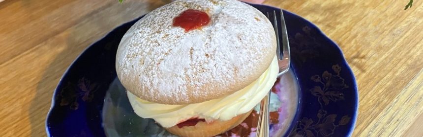 Ladysettle Down's sponge cake. A small iced sponge with a dop of jam on top sits on a blue and green cake plate. The cake is dusted with icing sugar and has a layer of piped cream in the middle.